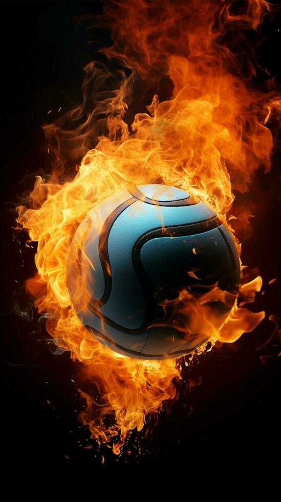 A volleyball engulfed in flames stands out against a black background Vertical Mobile Wallpaper AI Generated photo
