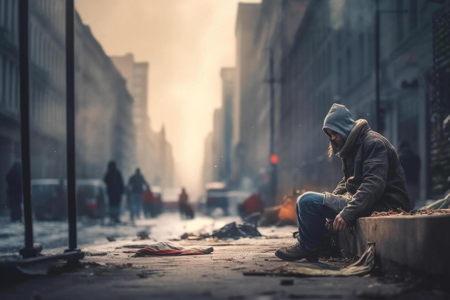 Vagabundo hombre sentado en el calle en un frío invierno día. ai generado foto