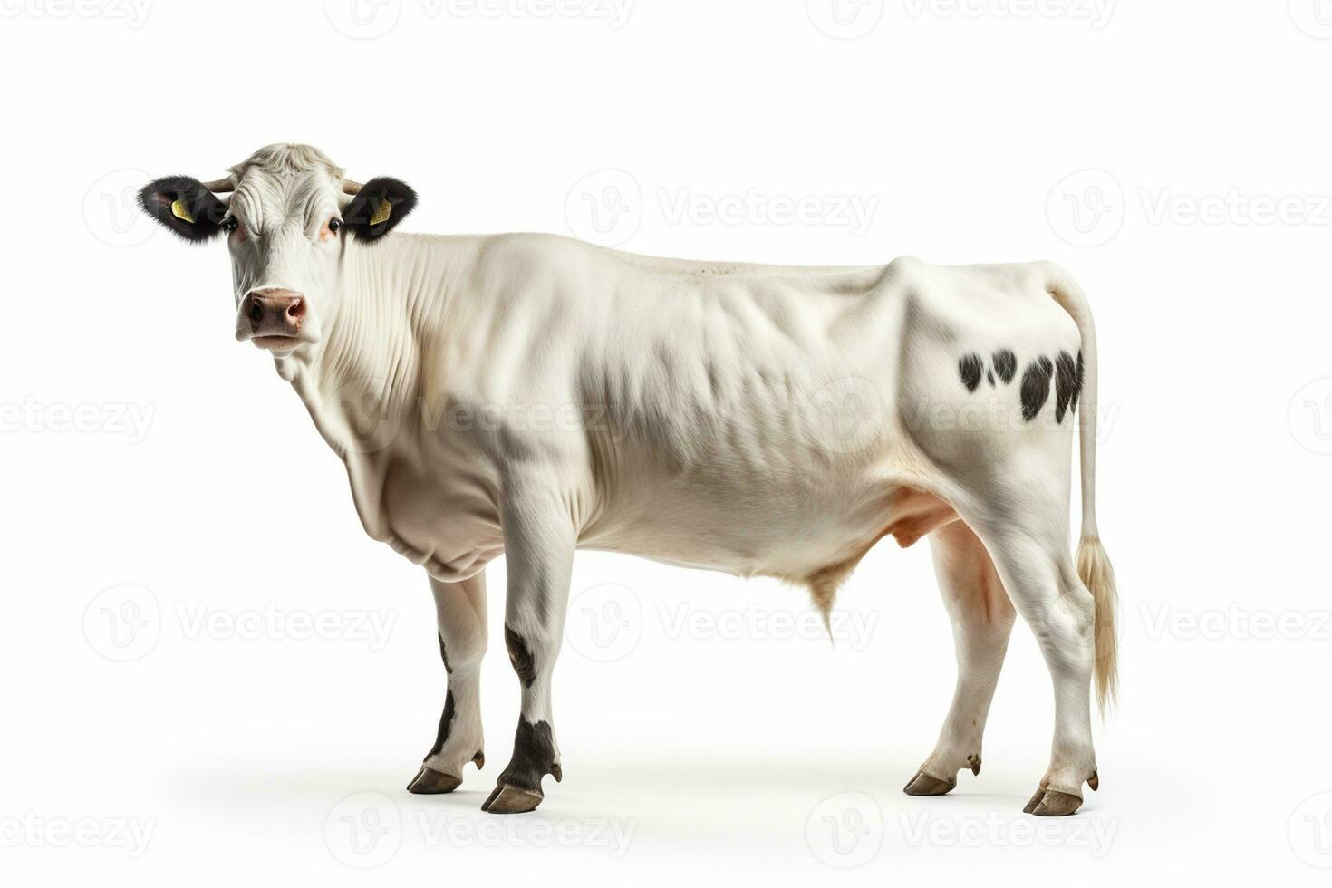 Cow standing isolated on white background. Studio shot. Side view. AI Generated photo