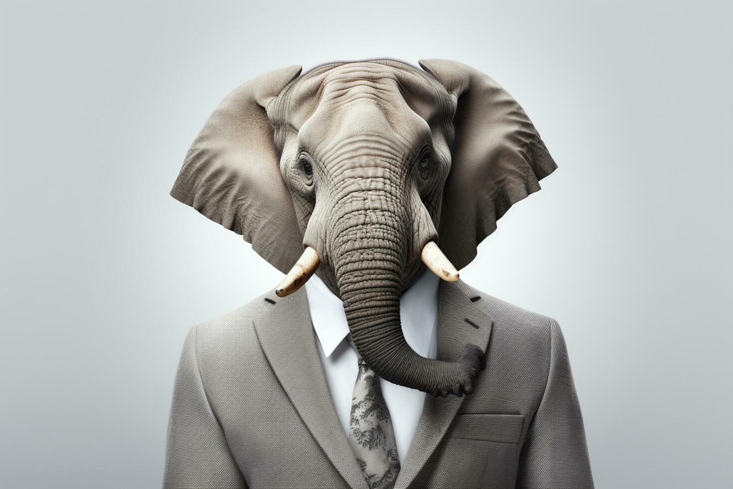 Businessman with elephant head in suit and tie on grey background. Ai Generated photo