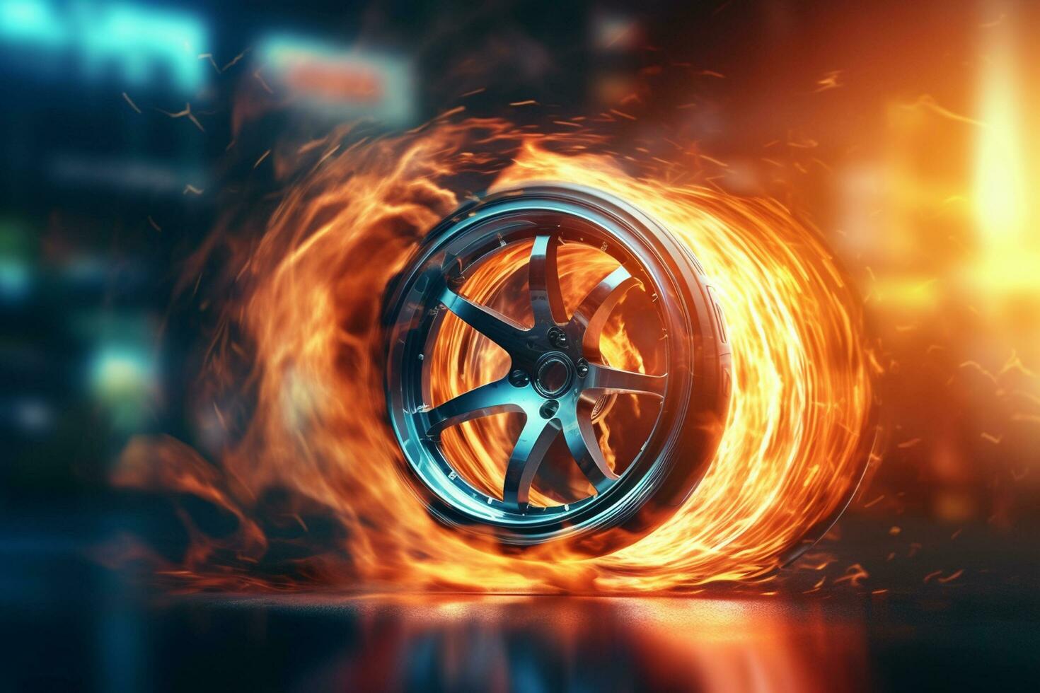 Car wheel on fire background. 3d rendering toned image double exposure Ai Generated photo