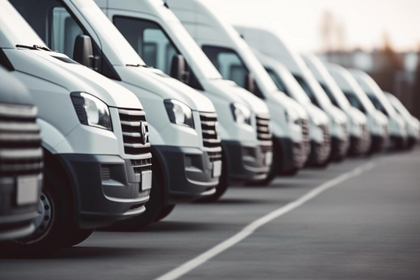 Row of new white cars parked in a row on a parking lot photo