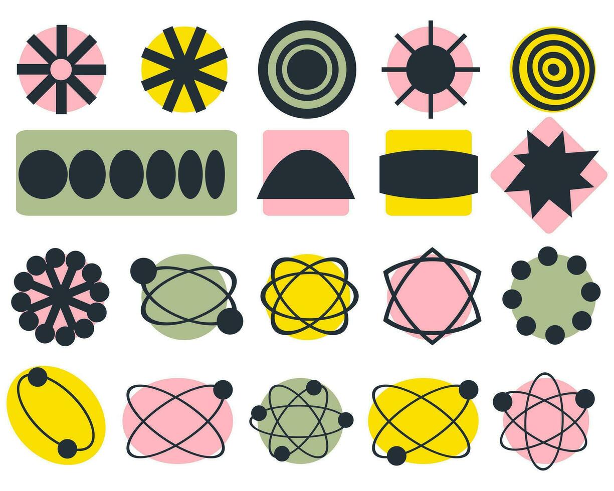 Retro Mid-Century aesthetic elements collection. Brutalist bauhaus shapes for decor and design. Abstract vector illustration.