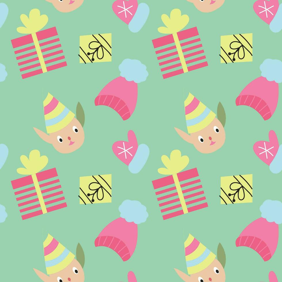 Elf with gifts and knitted hats and mittens. Seamless pattern. Vector illustration.
