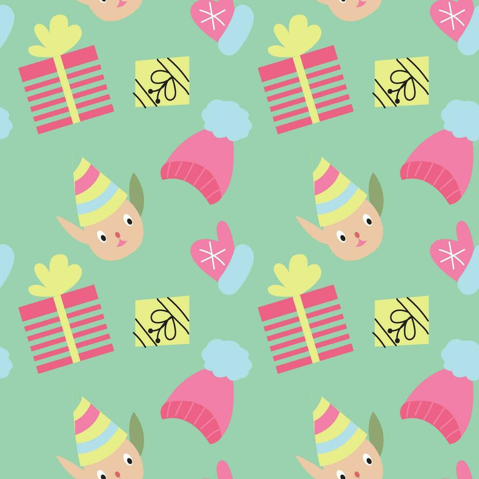 Elf with gifts and knitted hats and mittens. Seamless pattern. Vector illustration.