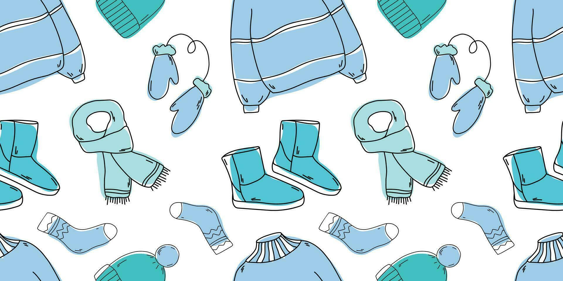 Warm autumn winter clothes seamless pattern. Knitted sweater, hat, scarf, ugg pattern. Doodle autumn winter clothes vector collection. Seasonal clothes seamless pattern