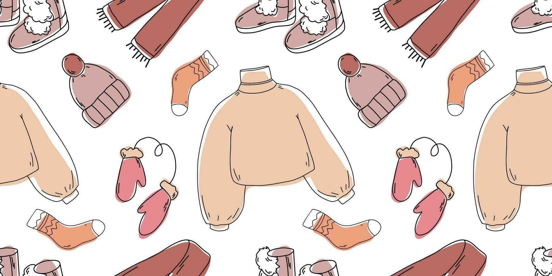 Warm autumn winter clothes seamless pattern. Knitted sweater, hat, scarf, ugg pattern. Doodle autumn winter clothes vector collection. Seasonal clothes seamless pattern