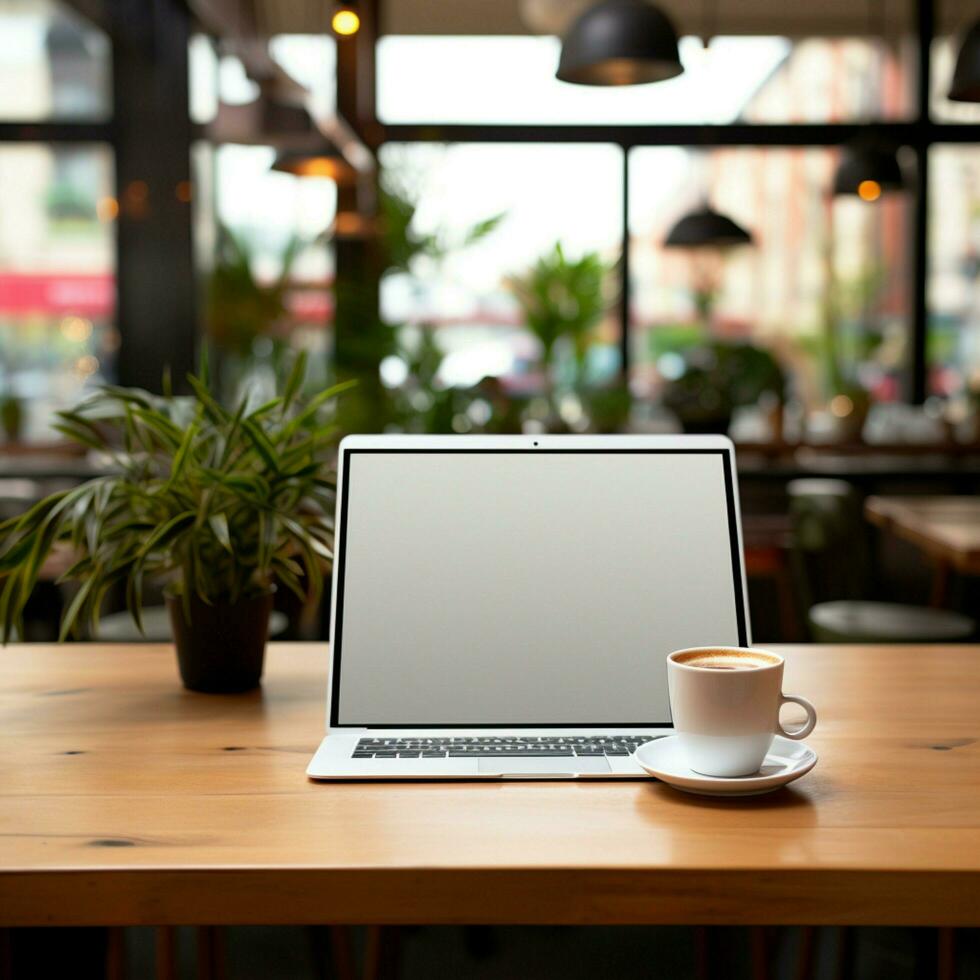 Empty space on a tabletop, tablet mockup, with blurred office For Social Media Post Size AI Generated photo