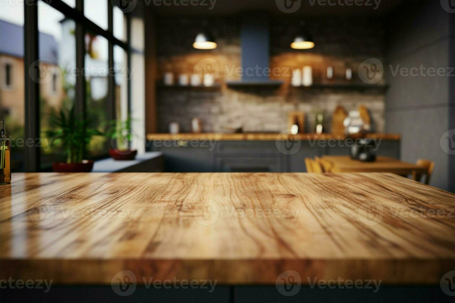 Blurred kitchen counter with a wooden tables top in view AI Generated photo