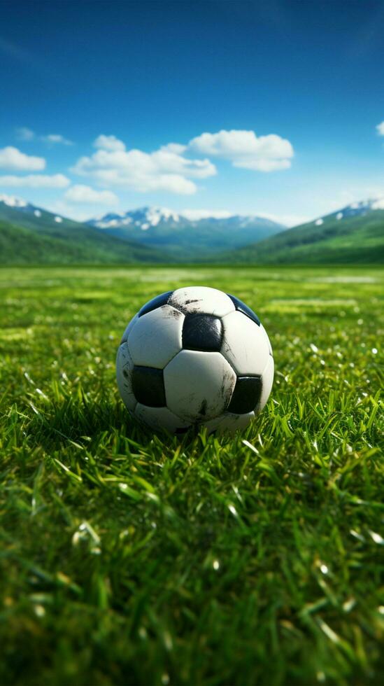 fútbol campos esencia capturado con un prominente fútbol pelota vertical móvil fondo de pantalla ai generado foto