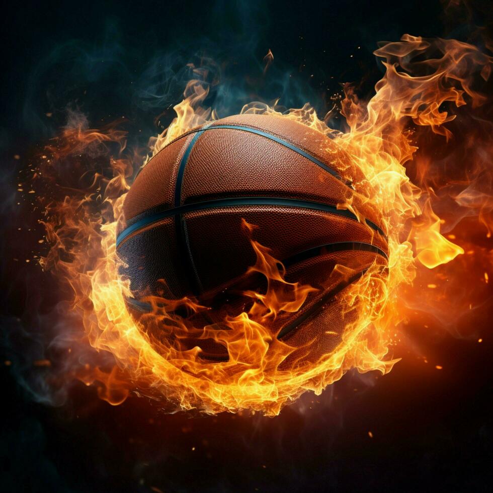 Flaming basketball swiftly approaches the hoop for an impressive score For Social Media Post Size AI Generated photo