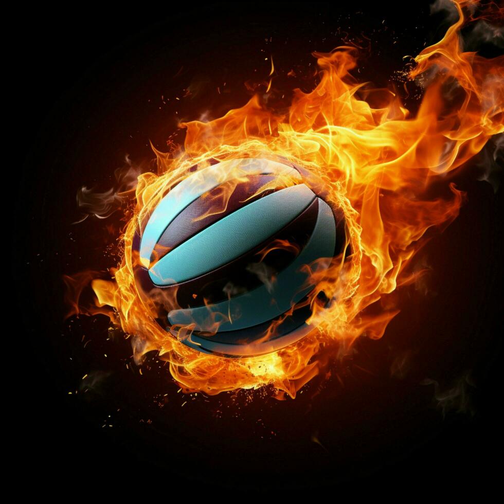 Volleyballs intensity, A fiery ball on a black backdrop, radiating passion For Social Media Post Size AI Generated photo