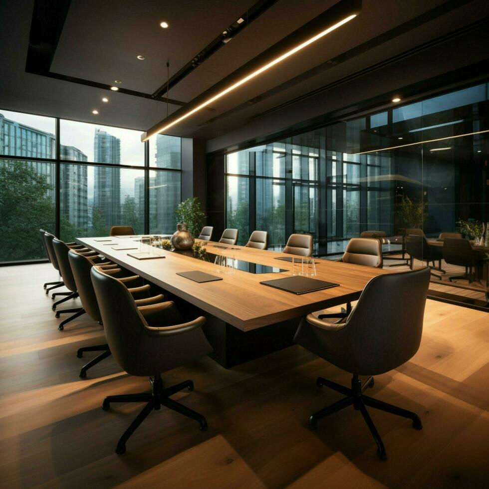 sofisticado sala del consejo diseño grande negro mesa, felpa marrón sillas, televisión para social medios de comunicación enviar Talla ai generado foto