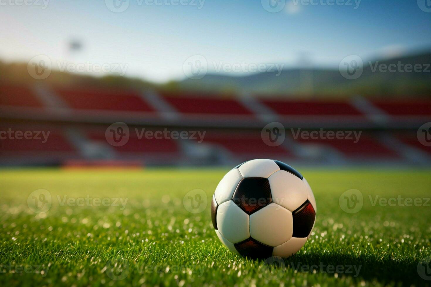 Sporting scene Soccer ball on the field, with stadium background AI Generated photo