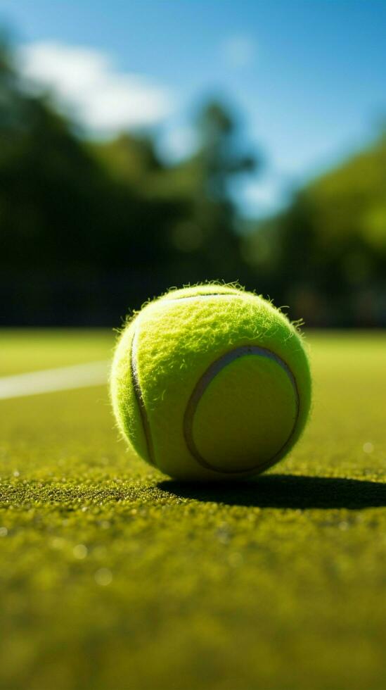 Game on the green court with a vibrant tennis ball Vertical Mobile Wallpaper AI Generated photo