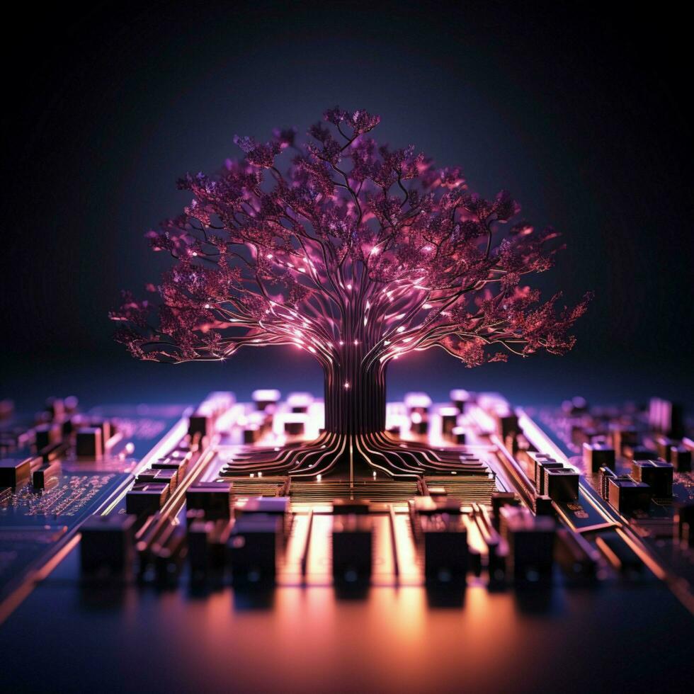 Abstract 3D tree Pink and purple circuits on a dark backdrop For Social Media Post Size AI Generated photo