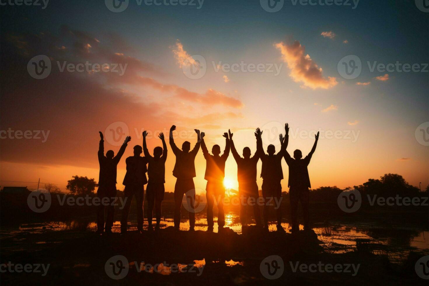 trabajo en equipo en silueta manos elevado alto, unido en celebracion ai generado foto