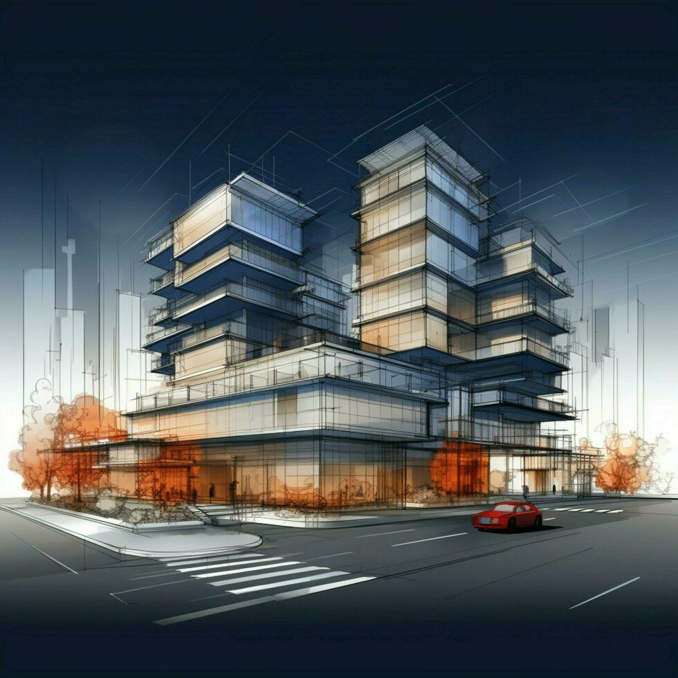 urbano diseño esencia edificio estructura metálica en 3d, artístico bosquejo, vector representación para social medios de comunicación enviar Talla ai generado foto