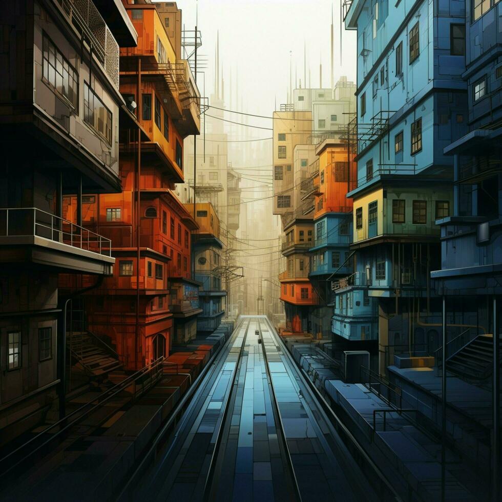 architecture, A shadowy cityscape with vibrant colors and urban energy captivates viewers For Social Media Post Size AI Generated photo