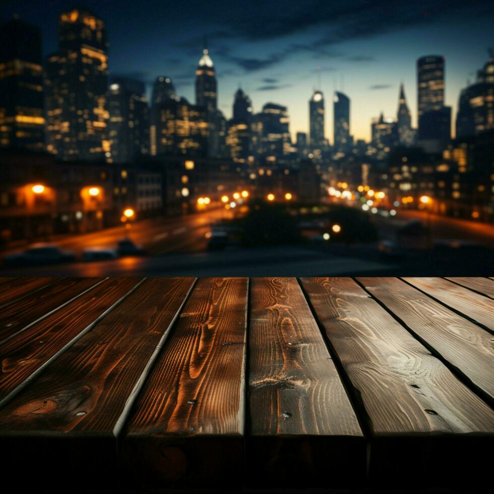 Nighttime urban scene Wooden table against blurred city building lights in darkness For Social Media Post Size AI Generated photo