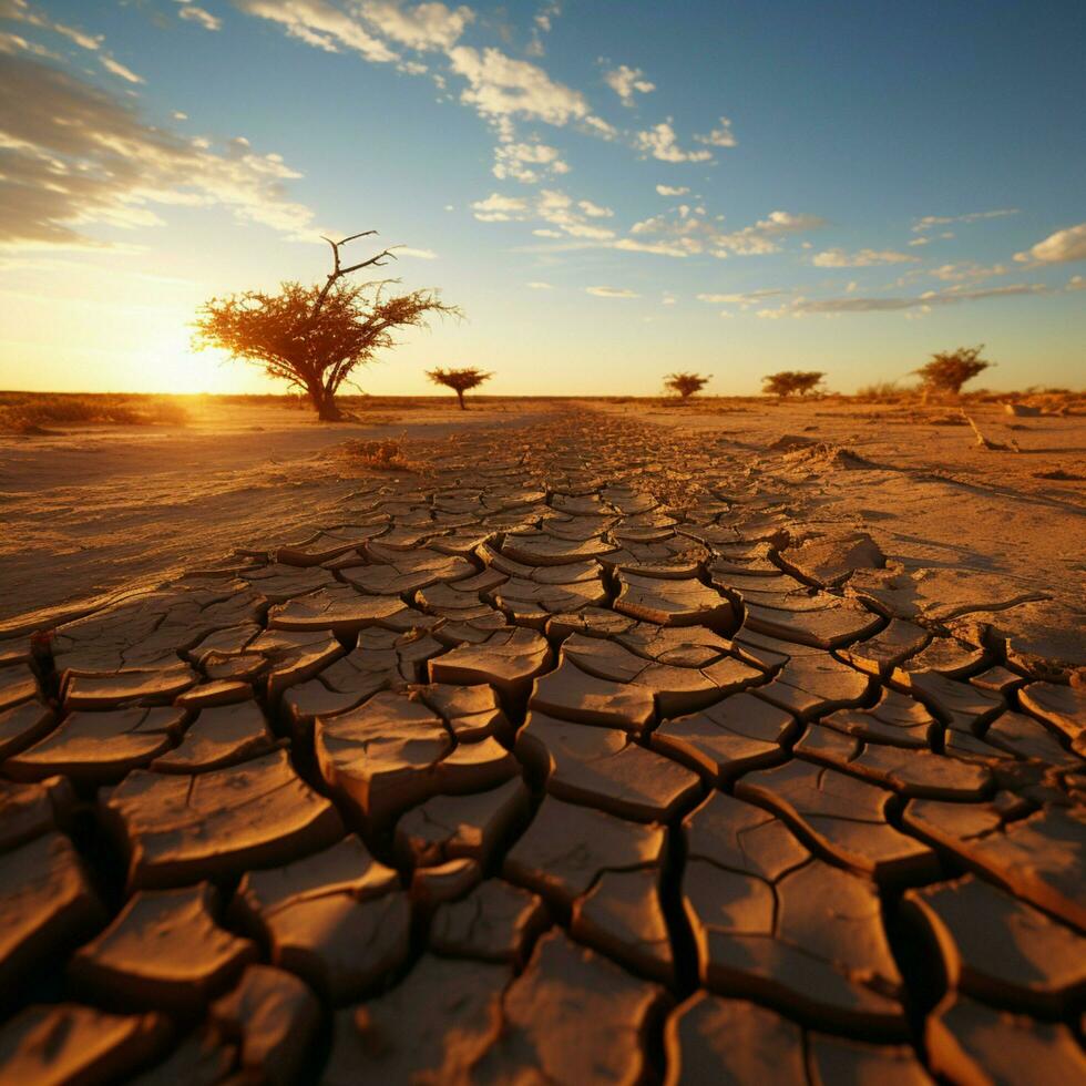 Land in distress Deserts cracked soil crust signifies climate changes stark reality For Social Media Post Size AI Generated photo