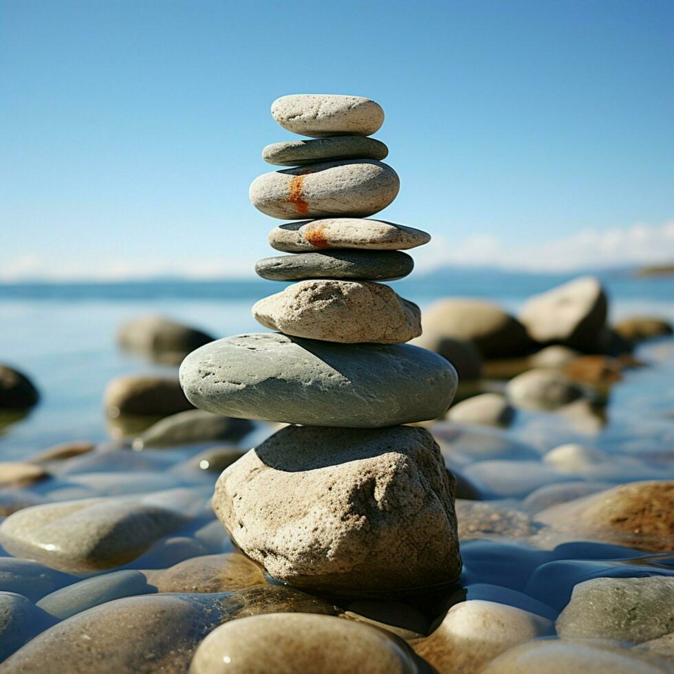 Beachfront relic Stones stacked as a pyramid, overlooking the expansive sea expanse For Social Media Post Size AI Generated photo