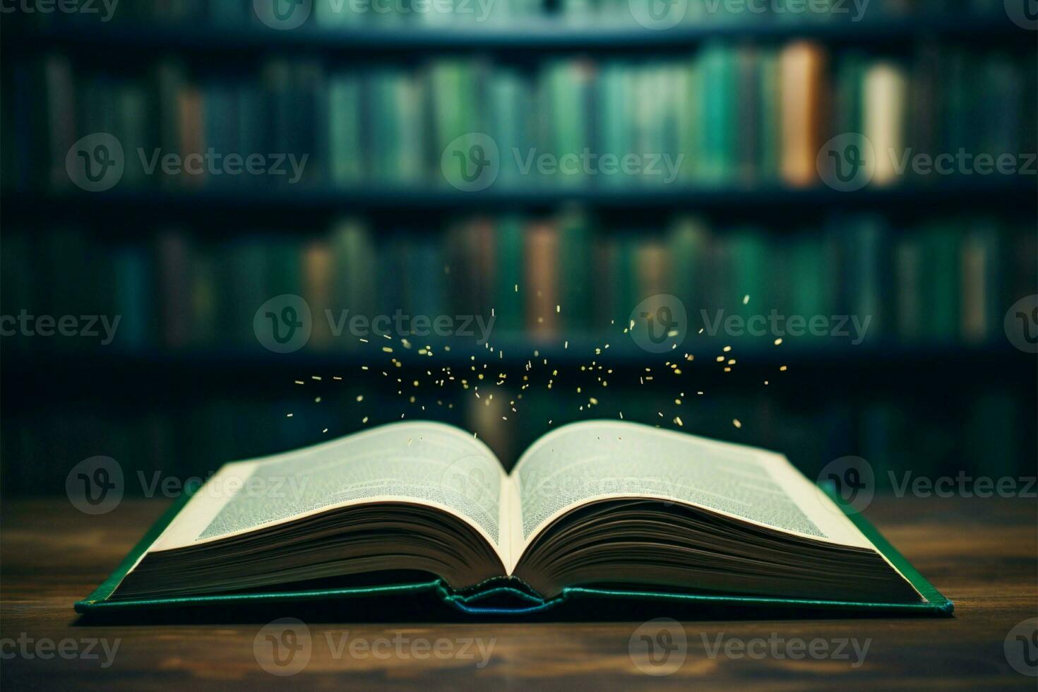 An open book against a vibrant green board backdrop AI Generated photo