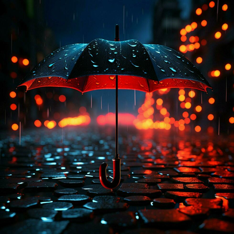 Neon umbrella in the rain, stark contrast against black surroundings For Social Media Post Size AI Generated photo