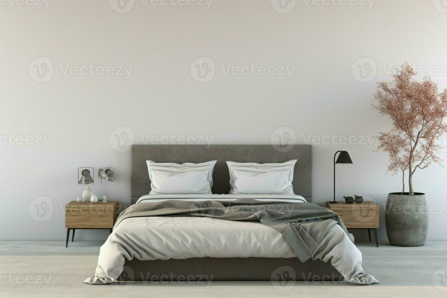 Modern bedroom interior mockup, showcasing empty white wall for your design AI Generated photo