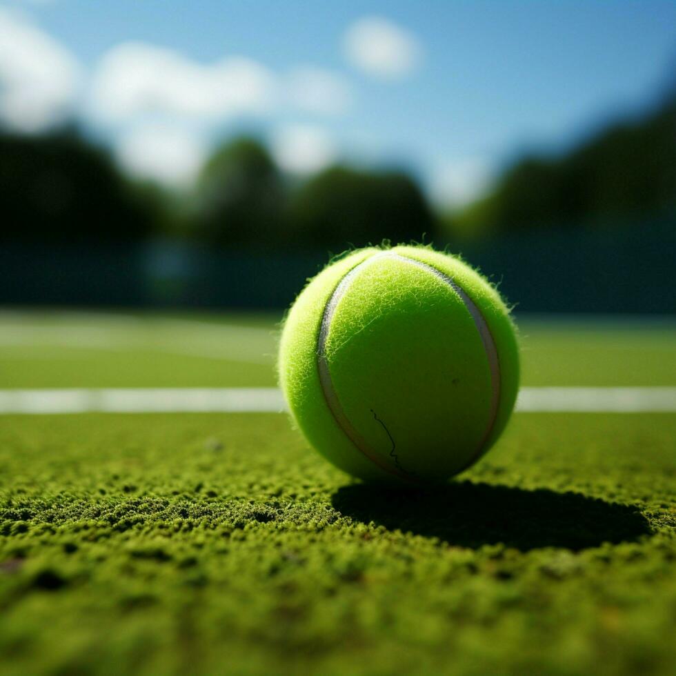 juguetón partido se despliega en un verde tenis Corte con un pelota para social medios de comunicación enviar Talla ai generado foto