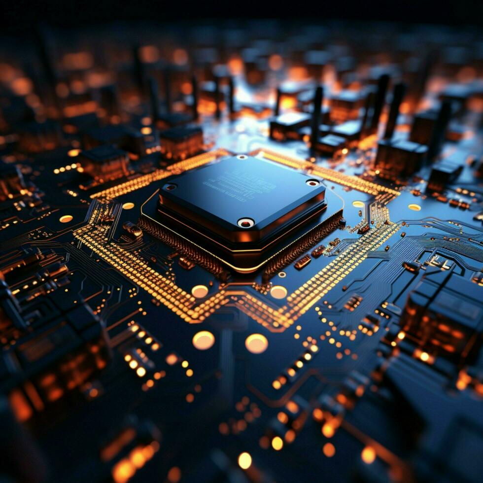 Circuit board hosts processor, central to intricate electronic pathways and functionalities For Social Media Post Size AI Generated photo