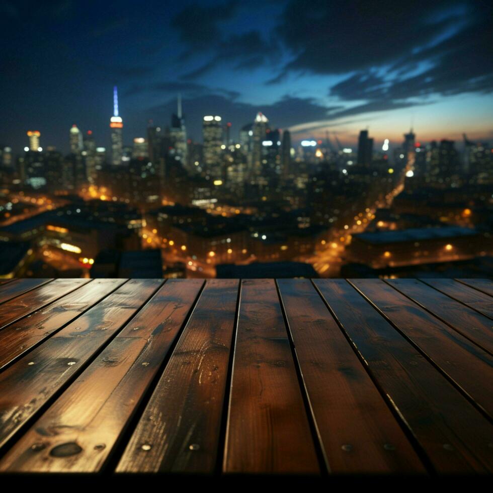 Cityscape charm Blurred sky, wooden table against the allure of nighttime buildings For Social Media Post Size AI Generated photo