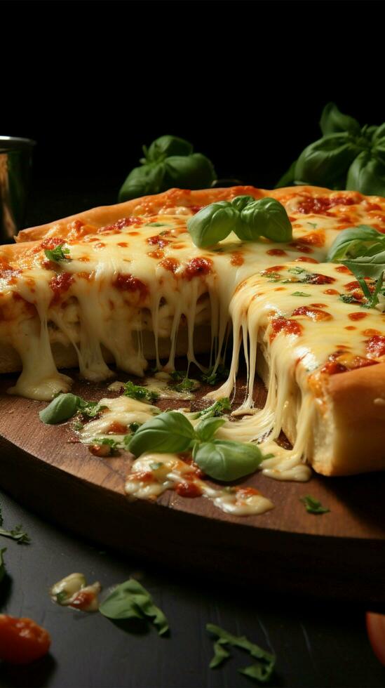Deliciously cheesy Italian pizza slice, with four cheeses and basil Vertical Mobile Wallpaper AI Generated photo