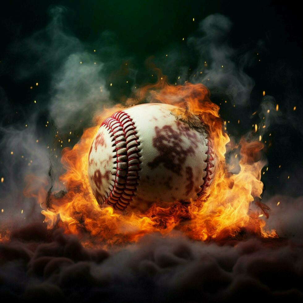 Dynamic baseball, rich colors, set against a smoky atmospheric backdrop For Social Media Post Size AI Generated photo