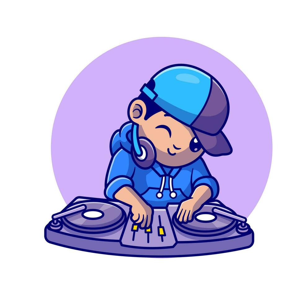 Cute DJ Playing Music Cartoon Vector Icon Illustration. People Technology Icon Concept Isolated Premium Vector. Flat Cartoon Style
