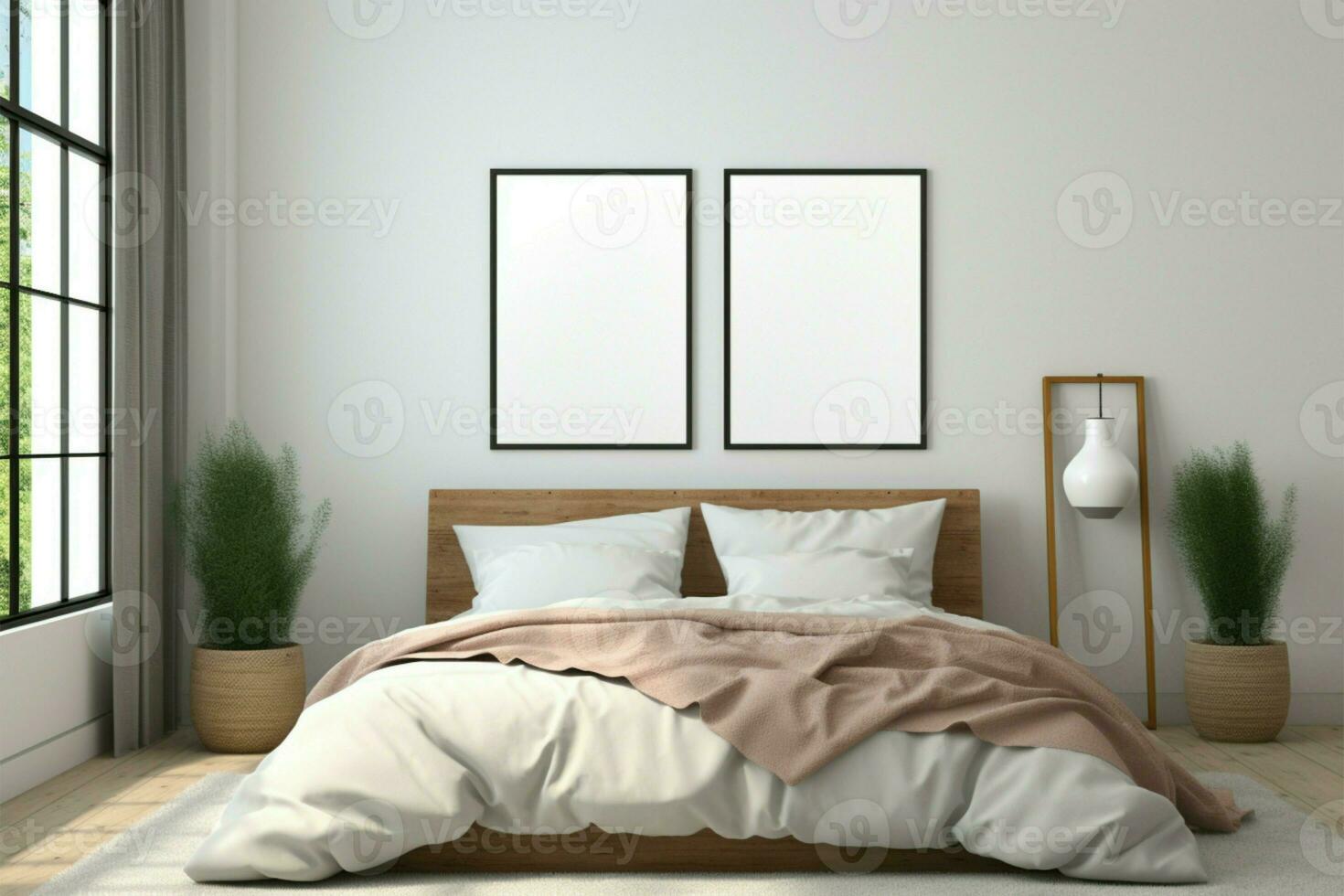3d prestados moderno dormitorio Bosquejo con blanco muro, dos vertical marcos ai generado foto