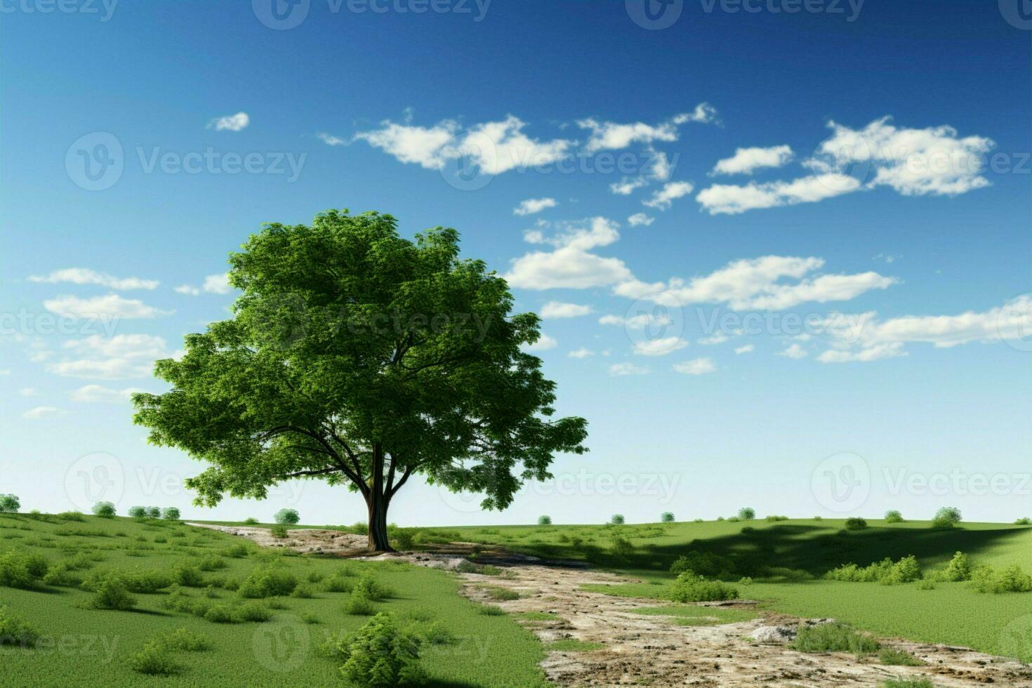 Majestic tree against a blue sky backdrop, nature and landscape in 3D AI Generated photo