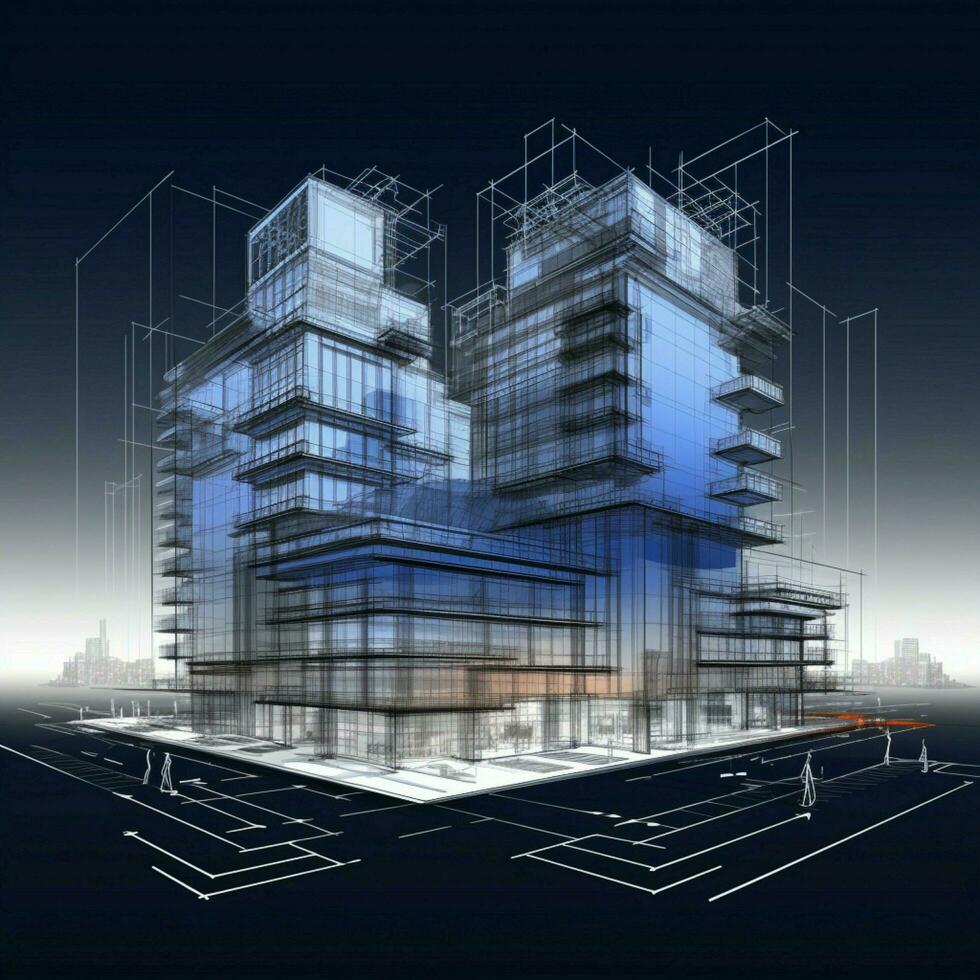 Urban design essence Building wireframe in 3D, artistic sketch, vector rendering For Social Media Post Size AI Generated photo