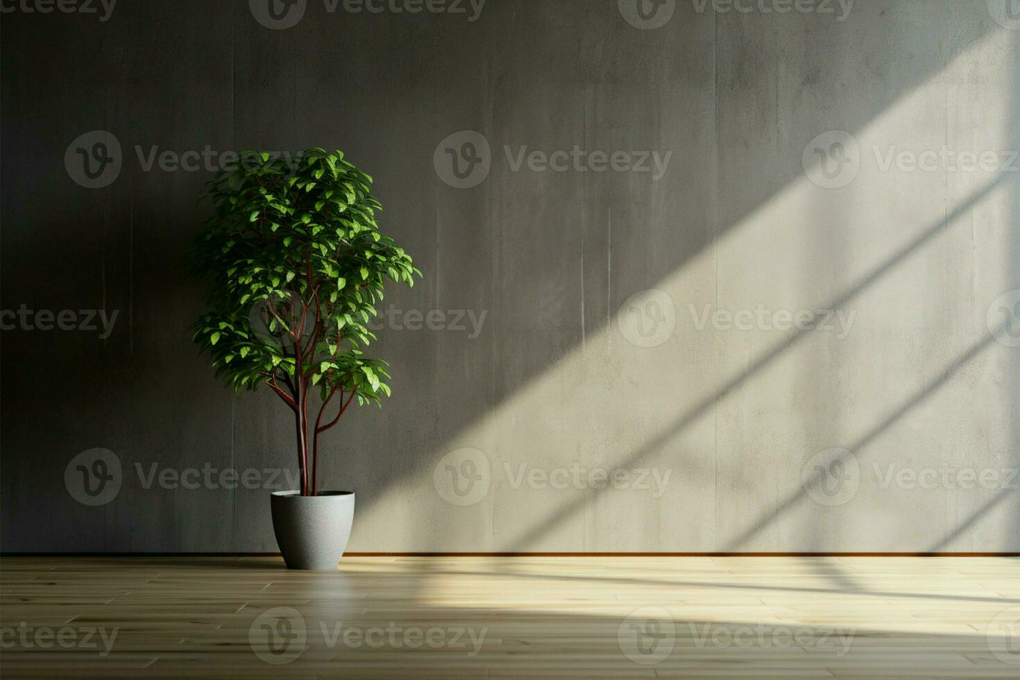 minimalista encanto un oscuro habitación, en conserva planta, hormigón muro, de madera piso ai generado foto