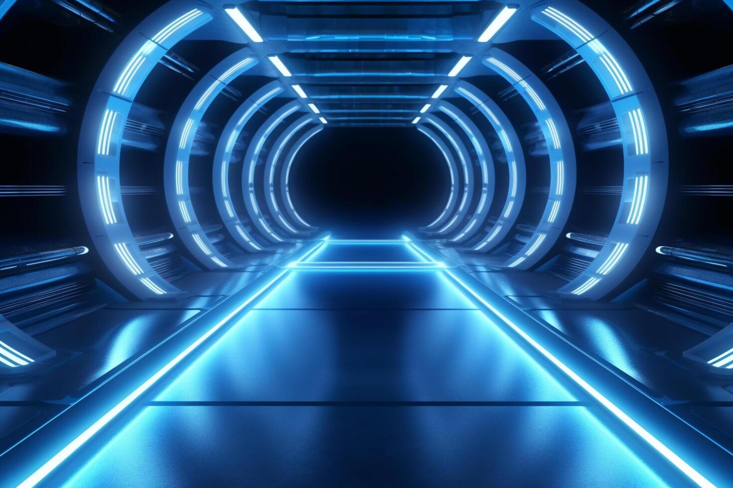 Futuristic corridor with glowing neon lights. 3D rendering. photo