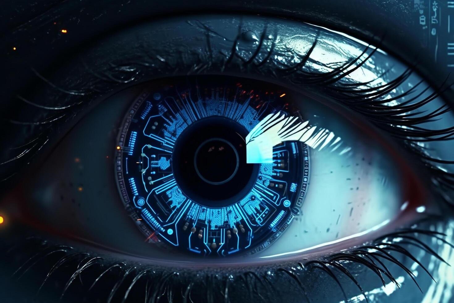 Close up view of eye with digital interface. 3d rendering toned image photo