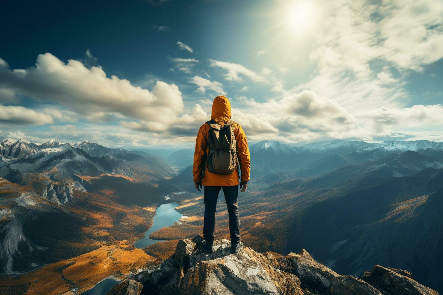 Hiker on the top of the mountain looking at the beautiful landscape sunset Ai Generated photo