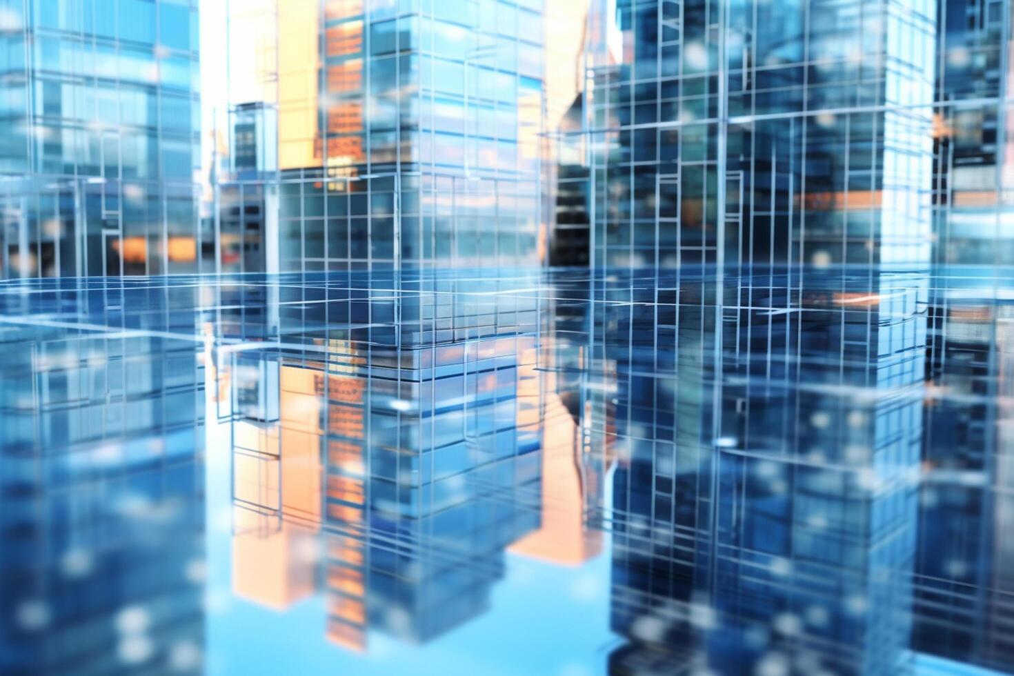 Abstract city background with skyscrapers and reflections. Double exposure. business concept. photo