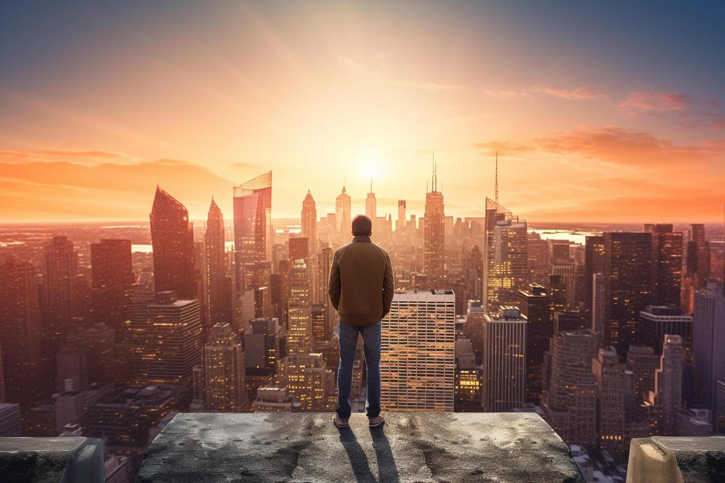 Man looking at the skyscrapers of buildings City at sunset photo