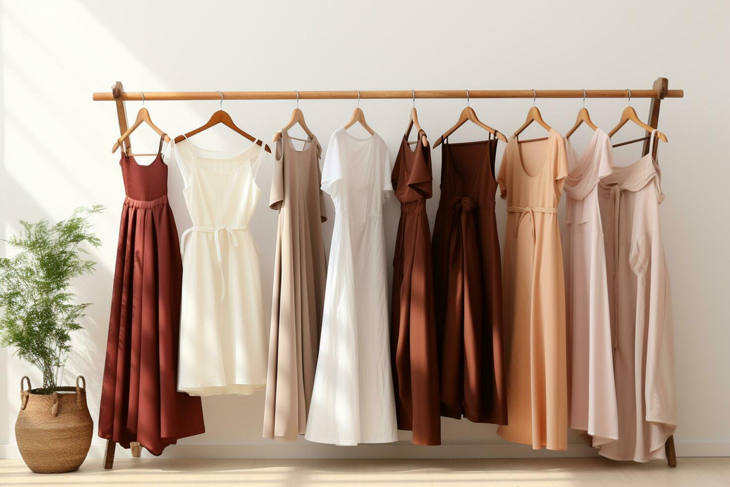Women's clothes on a hanger in a room with white walls Ai Generated photo