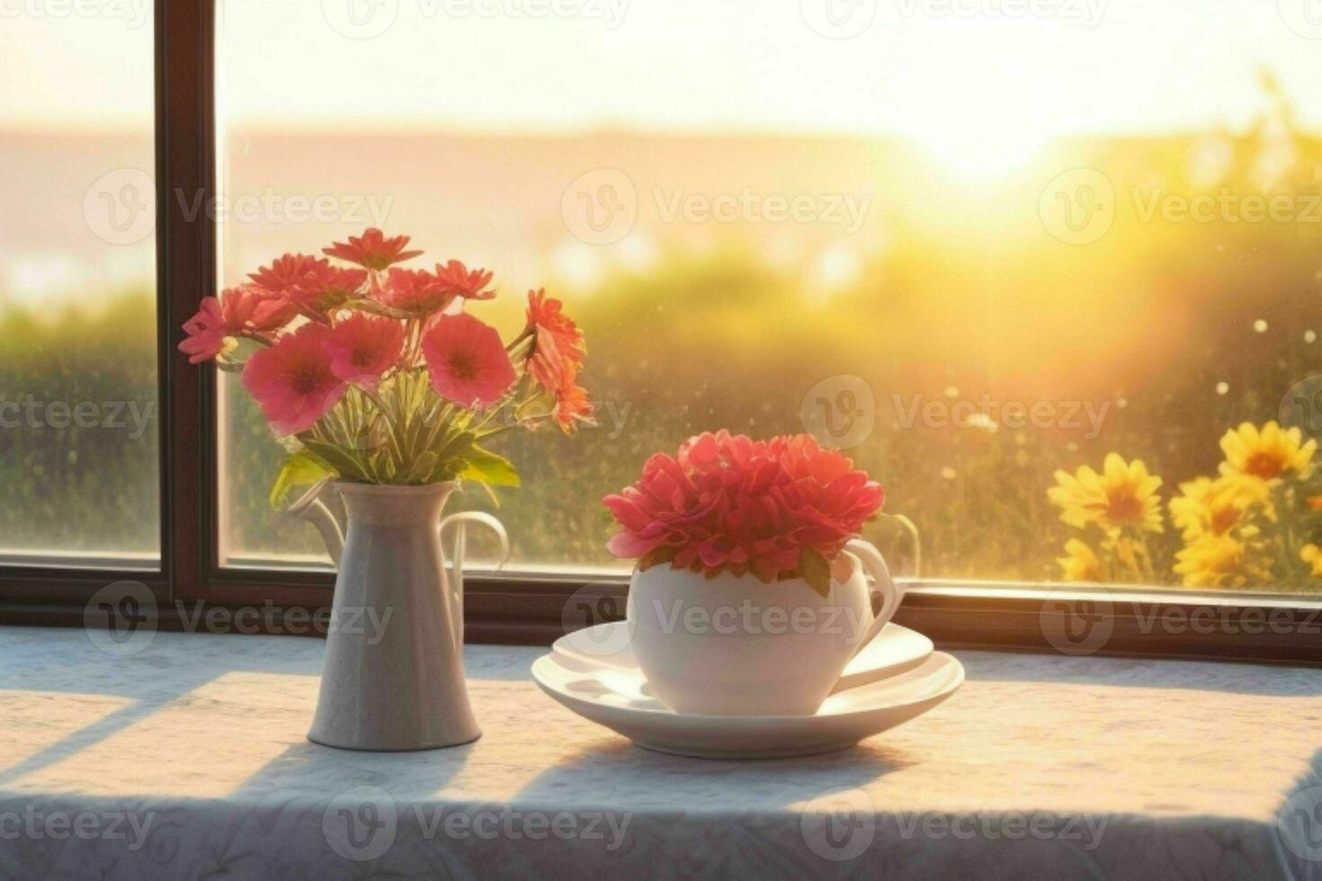 ventana y flor en mesa borroso antecedentes. ai generativo Pro foto