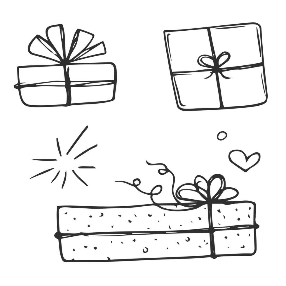 Gift boxes with ribbons set. Hand drawn doodle sketch. Isolated holiday items. Vector image.