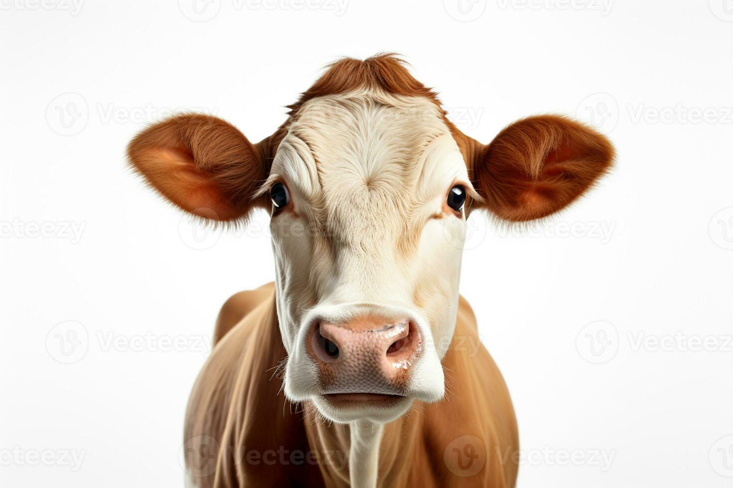 Young brown and white cow standing isolated on white background, side view AI Generated photo