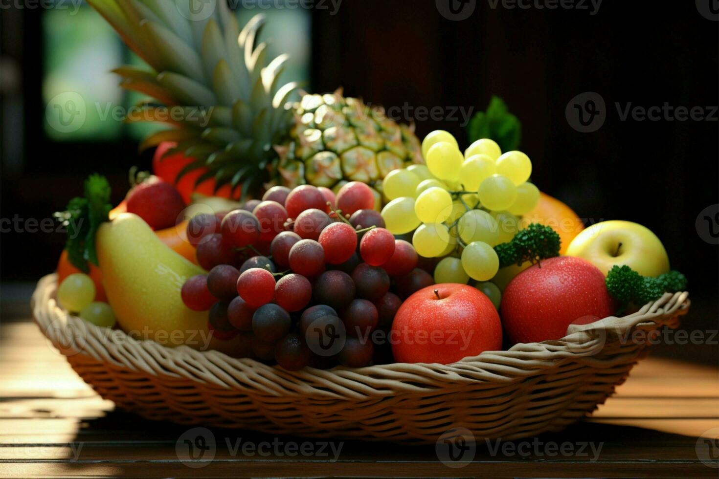 Fresco frutas en un encantador cesta, adornando un natural madera superficie ai generado foto