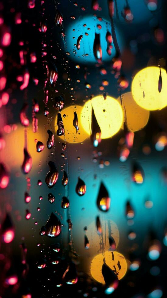 Colorful night lights outside the window, raindrops add a glow Vertical Mobile Wallpaper AI Generated photo